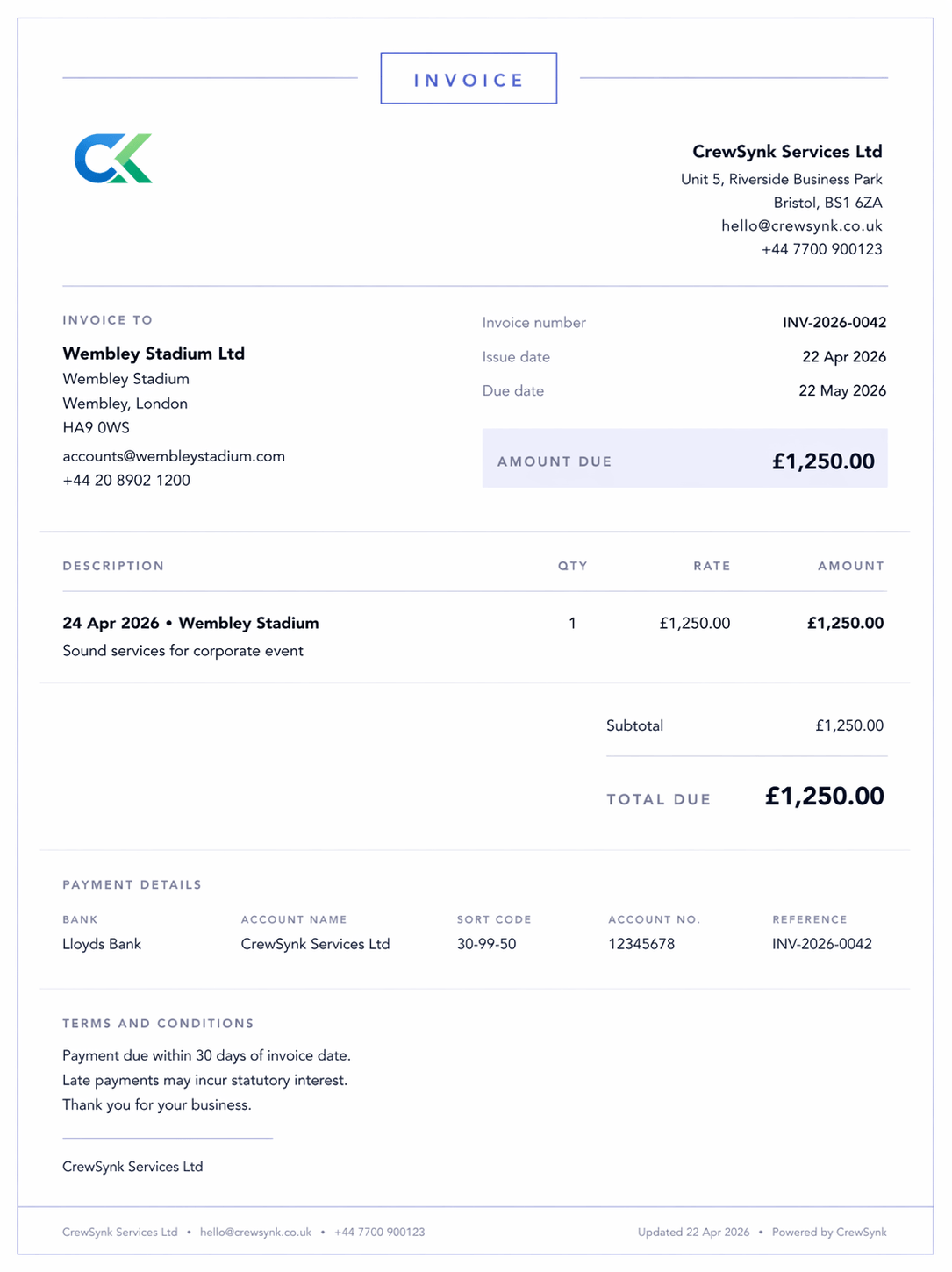 Example CrewSynk invoice