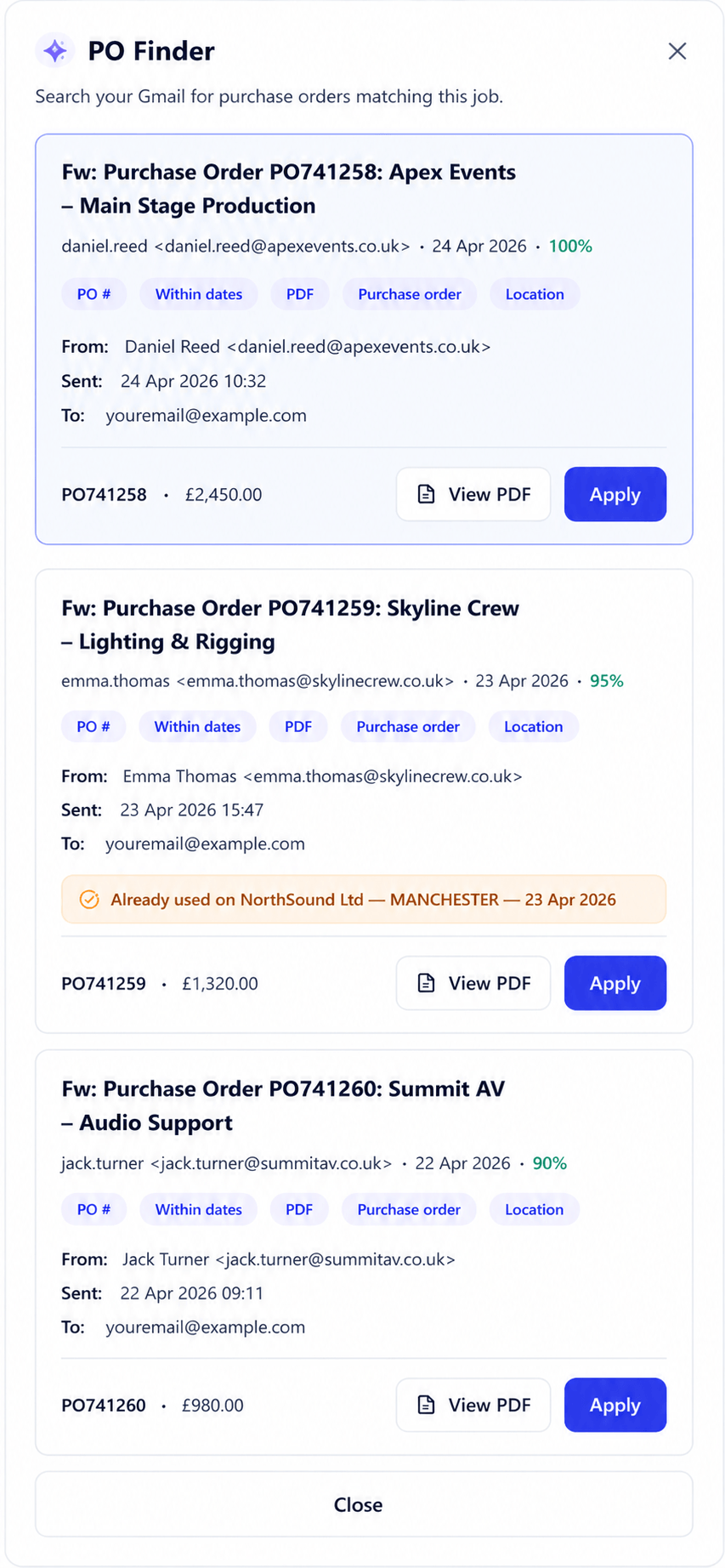 PO Finder modal showing matched purchase orders